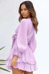 Deep V Neck Lantern Sleeve Knotted Tiered Mini Dress-Dresses-MomFashion