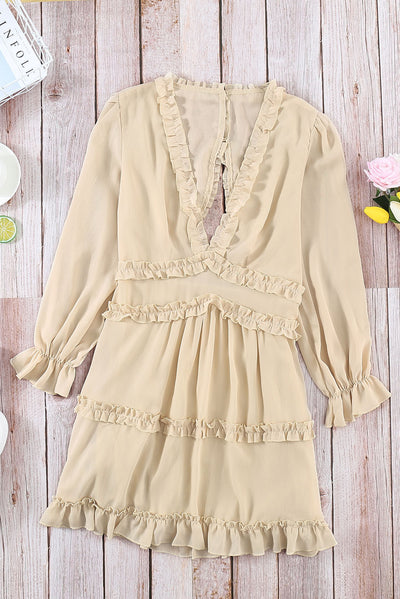 Beige V Neck Ruffle Detailing Open Back Dress-Dresses-MomFashion