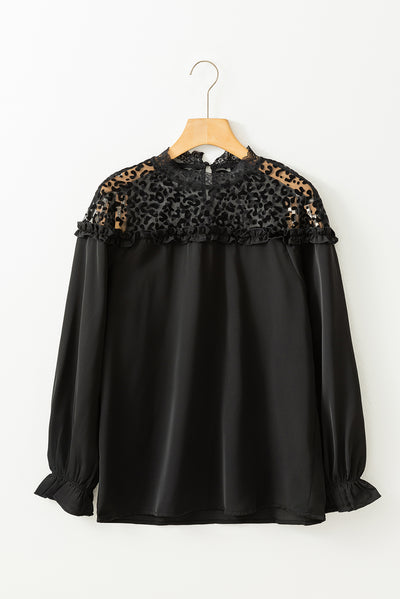 Black Leopard Mesh Splicing Ruffle Long Sleeve Blouse-Tops-MomFashion