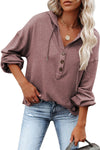 Buttoned High and Low Hem Hoodie-Tops-MomFashion