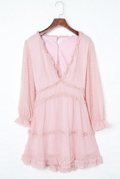 Pink Layered Ruffled Open Back Puff Sleeve Swiss Dot Mini Dress-Dresses-MomFashion