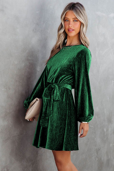 Green Tie Waist Crinkle Velvet Dress-Dresses-MomFashion