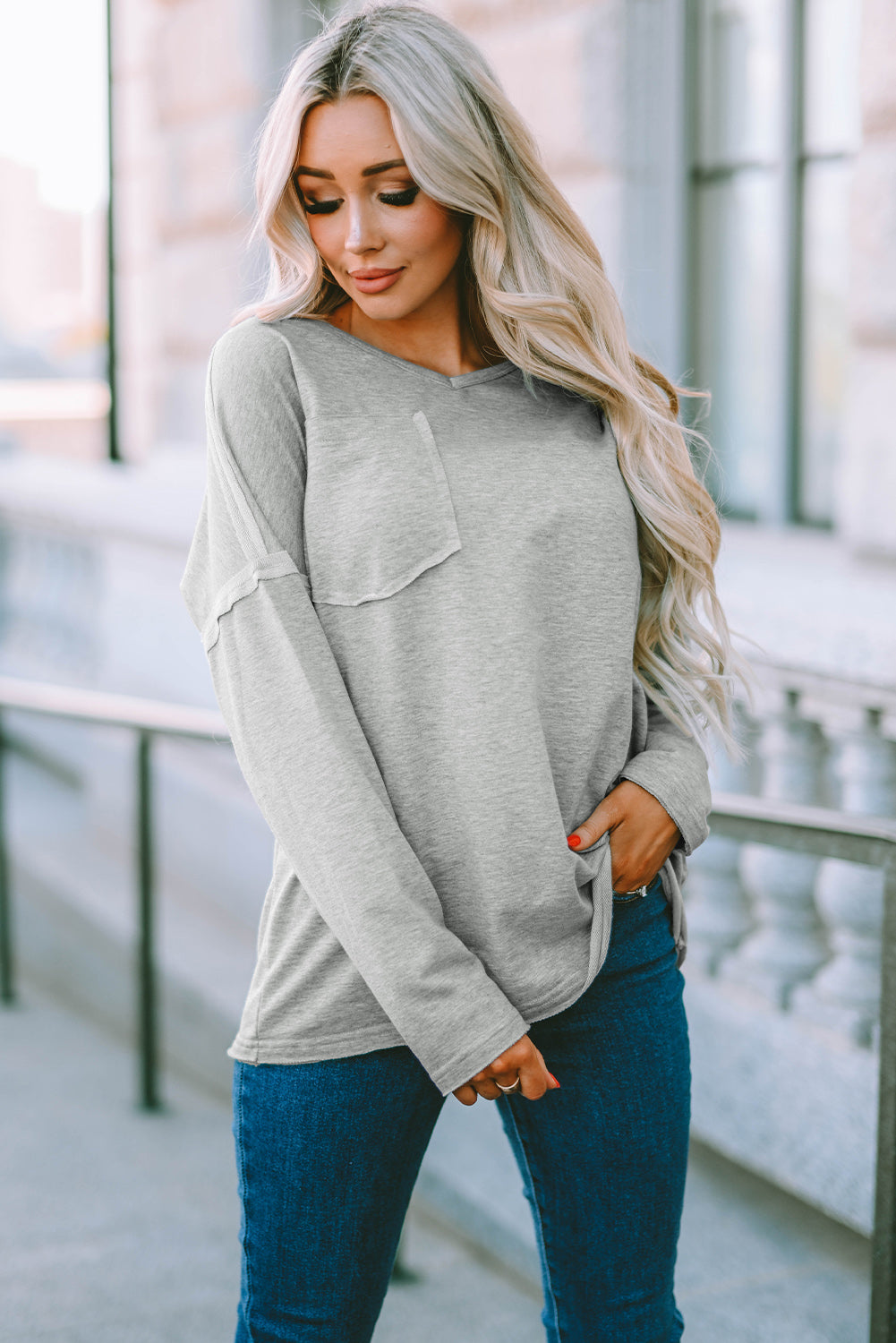 Gray Pocketed Oversized Drop Sleeve Top-Tops-MomFashion
