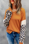 Brown Leopard Sequin Patchwork Long Sleeve Top-Tops-MomFashion