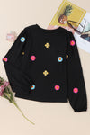 Black Floral Embroidered Puff Sleeve Top-Tops-MomFashion