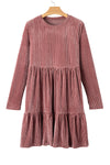 Pale Chestnut Long Sleeve Tiered Ribbed Velvet Dress-Dresses-MomFashion