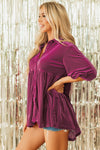 Pitaya Pink 3/4 Sleeve Tunic Babydoll Velvet Shirt-Tops-MomFashion