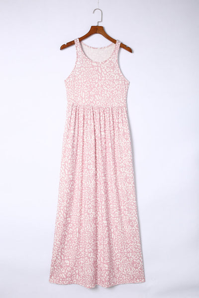 Pink Leopard Print Pocketed Sleeveless Maxi Dress-Dresses-MomFashion