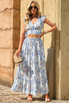 White Floral Ruffled Crop Top and Maxi Skirt Set-Dresses-MomFashion