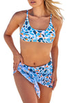 Sky Blue Three-piece Abstract Print Bikini Set with Sarong-Swimwear-MomFashion