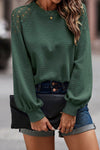 Green Lace Long Sleeve Textured Pullover-Tops-MomFashion