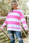 Pink Striped Side Slit Plus Size Sweatshirt-Plus Size-MomFashion