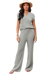 Gray Knitted V Neck Sweater and Casual Pants Set-Loungewear-MomFashion