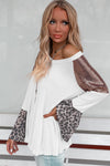 White Sequin Patchwork Bell Sleeve V Neck Tunic Top-Tops-MomFashion