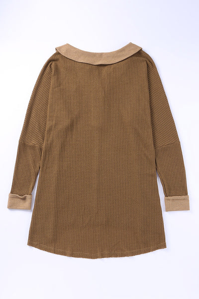 Brown Waffle Knit Buttoned Long Sleeve Top-Tops-MomFashion