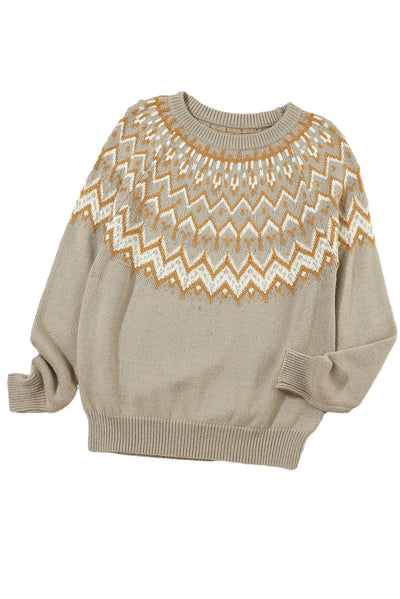 Gray Geometric Pattern Ribbed Round Neck Sweater-Tops-MomFashion