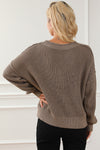 Khaki Pointelle Knit Button V Neck Drop Shoulder Sweater-Tops-MomFashion