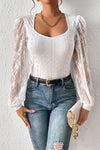 White Frenchy Contrast Lace Bishop Sleeve Bodysuit-Tops-MomFashion