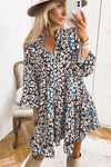 Blue Leopard Print Bubble Sleeve Ruffled Shirt Dress-Dresses-MomFashion