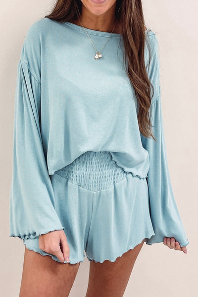 Sky Blue Long Sleeve Top & Shirred High Waist Shorts Set-Loungewear-MomFashion