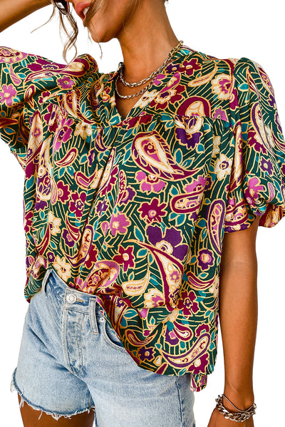 Green V Neck Short Bubble Sleeve Paisley Blouse-Tops-MomFashion