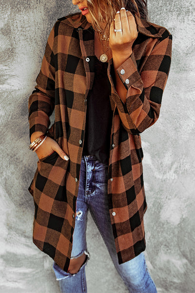 Brown Turn-down Collar Plaid Shirt Coat-Outerwear-MomFashion