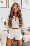 White Waffle Knit Buttoned Long Sleeve Crop and Shorts Lounge Set-Loungewear-MomFashion