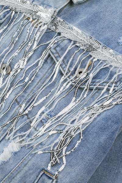 Sky Blue Sequin Embellished Fringe Distressed Denim Jacket-Outerwear-MomFashion