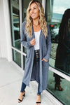 Blue Slub Knit Pocketed Open Front Maxi Cardigan-Tops-MomFashion