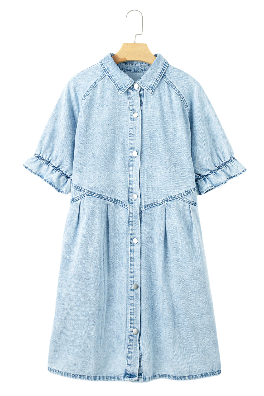 Beau Blue Mineral Wash Ruffled Short Sleeve Buttoned Denim Dress-Dresses-MomFashion