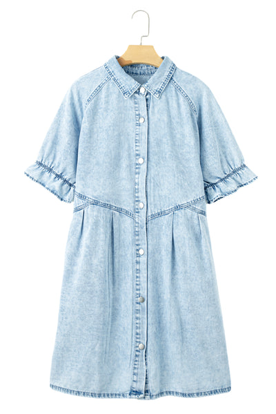 Beau Blue Mineral Wash Ruffled Short Sleeve Buttoned Denim Dress-Dresses-MomFashion