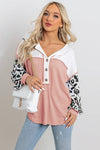 Pink Leopard Sleeve Patchwork Waffle Knit Top-Tops-MomFashion