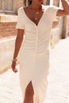 Beige V Neck Ruched Button Front French T-shirt Dress-Dresses-MomFashion