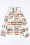 Beige Aztec Print Kangaroo Pocket Half-Zip Hoodie-Tops-MomFashion