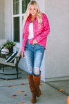 Pink Leopard Print Button Cuffs Raw Hem Jacket-Outerwear-MomFashion