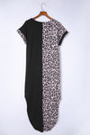 Black Contrast Solid Leopard Short Sleeve T-shirt Dress with Slits-Dresses-MomFashion