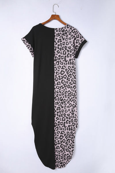 Black Contrast Solid Leopard Short Sleeve T-shirt Dress with Slits-Dresses-MomFashion