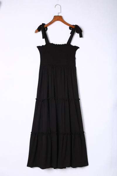 Black Tie Strap Smocked Frill Tiered Midi Dress-Dresses-MomFashion