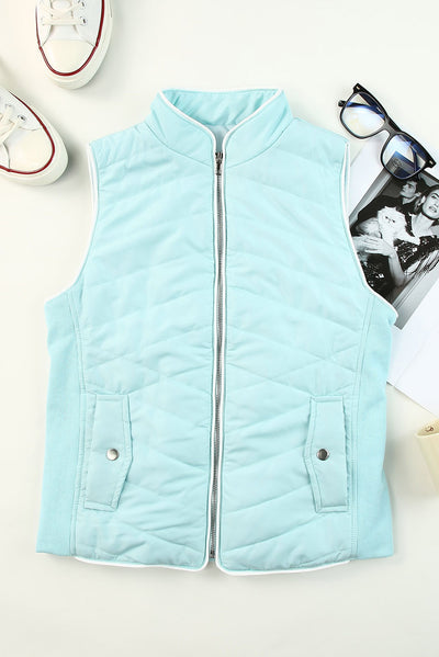 Sky Blue Zip-up Side Pockets Puffer Vest-Outerwear-MomFashion