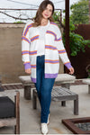 Beige Plus Size Striped Dropped Shoulder Sweater Cardigan-Plus Size-MomFashion