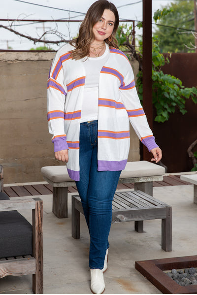 Beige Plus Size Striped Dropped Shoulder Sweater Cardigan-Plus Size-MomFashion