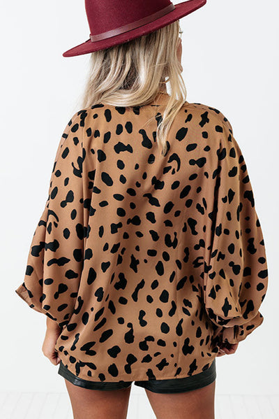 Leopard V Neck Ruffled Cuffs Loose Blouse-Tops-MomFashion