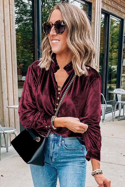 Burgundy Frilled Neck Buttoned Front Velvet Top-Tops-MomFashion