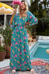 Green Boho Deep V Neck Floral Maxi Dress-Dresses-MomFashion