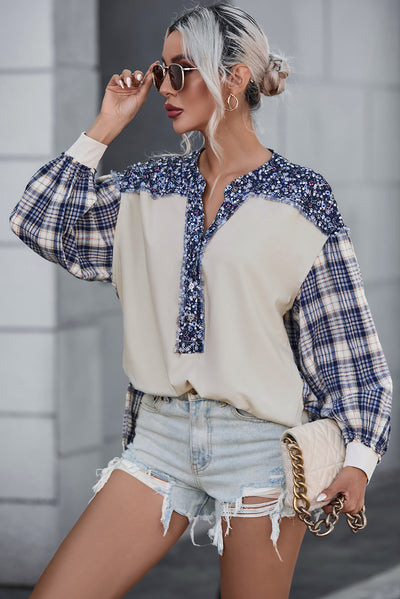 Blue Floral Plaid Mixed Print Bishop Sleeve Patchwork Top-Tops-MomFashion