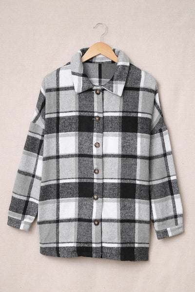 Gray Plaid Print Buttoned Shirt Jacket-Outerwear-MomFashion