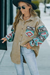 Khaki Aztec Pattern Sleeve Pocketed Corduroy Shacket-Outerwear-MomFashion