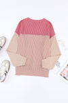 Pink Color Block Long Sleeve Ribbed Loose Top-Tops-MomFashion