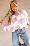 Pink Checkered Bishop Sleeve Sweater-Tops-MomFashion