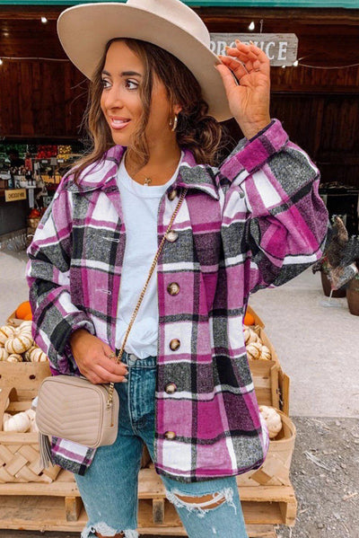 Rose Plaid Print Buttoned Shirt Jacket-Outerwear-MomFashion